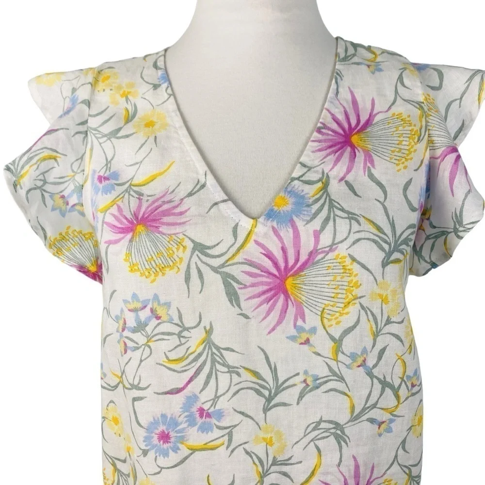 Joie Floral 100% Linen Ruffle Cap Sleeve V-Neck Dress Sz X Small - Picture 2 of 8